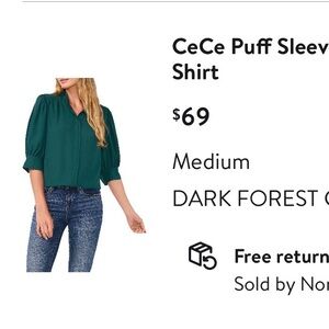 CeCe Puff Sleeve Shirt in Dark Forest Green
